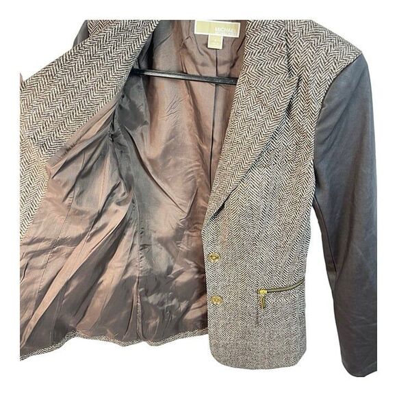 Michael Kors Women Jacket Brown Faux Leather Sleeve Tweed Size 4 - Picture 9 of 12